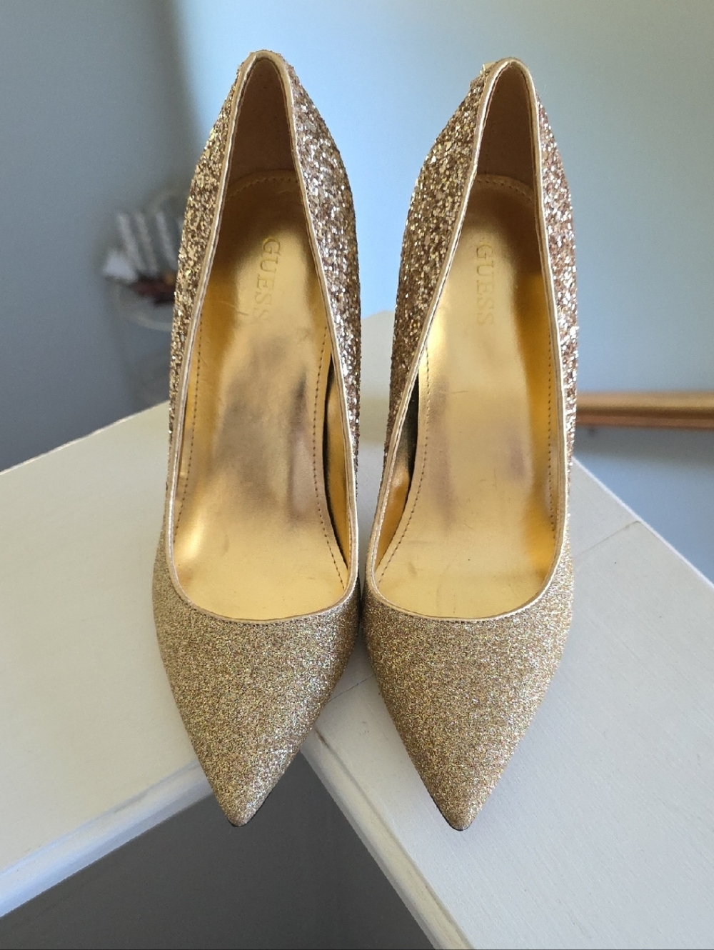 GUESS Metallic Gold Glitter Pointed-Toe Heels